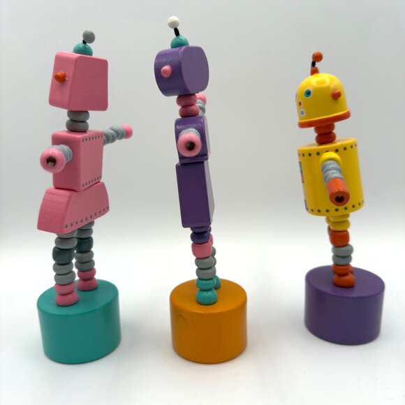 Vintage Lot Wooden Push Puppet Toy Robot Retro Articulated Figure Collectible - Picture 4 of 13